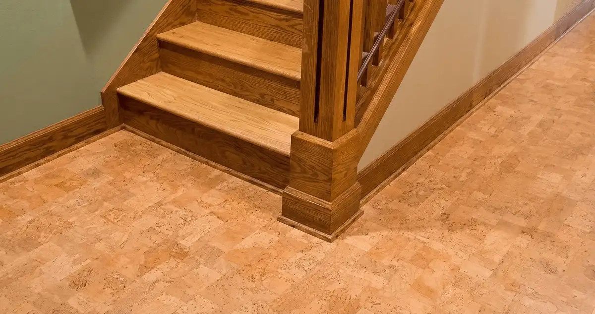 End of a staircase with cork flooring in Eugene, OR