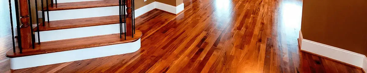 Base floor of a staircase with professionally restored wood flooring in Eugene OR