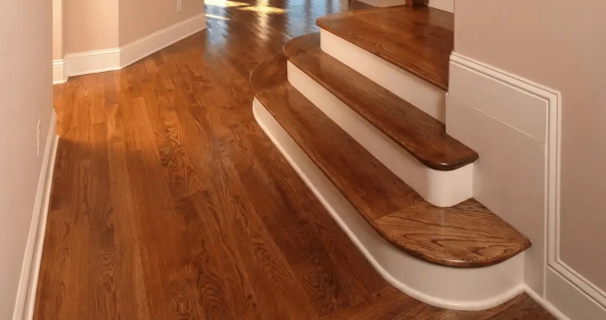 Base floor of a staircase with professionally restored wood flooring in Eugene OR
