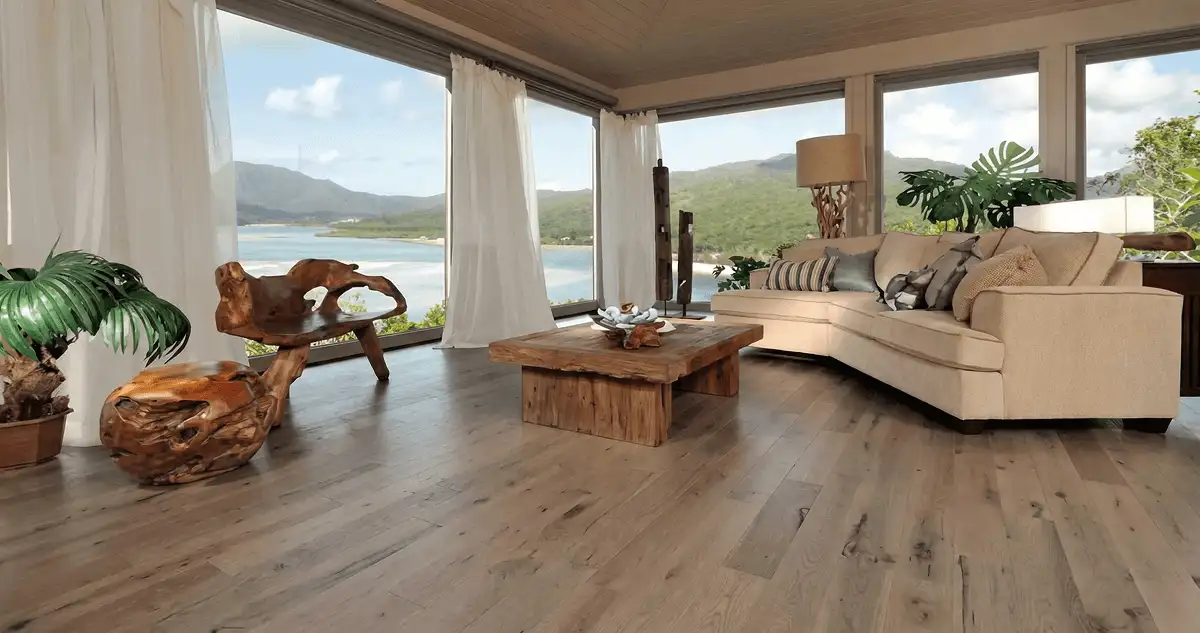 Professionally installed vinyl flooring in a modern living room with large windows in Eugene, OR